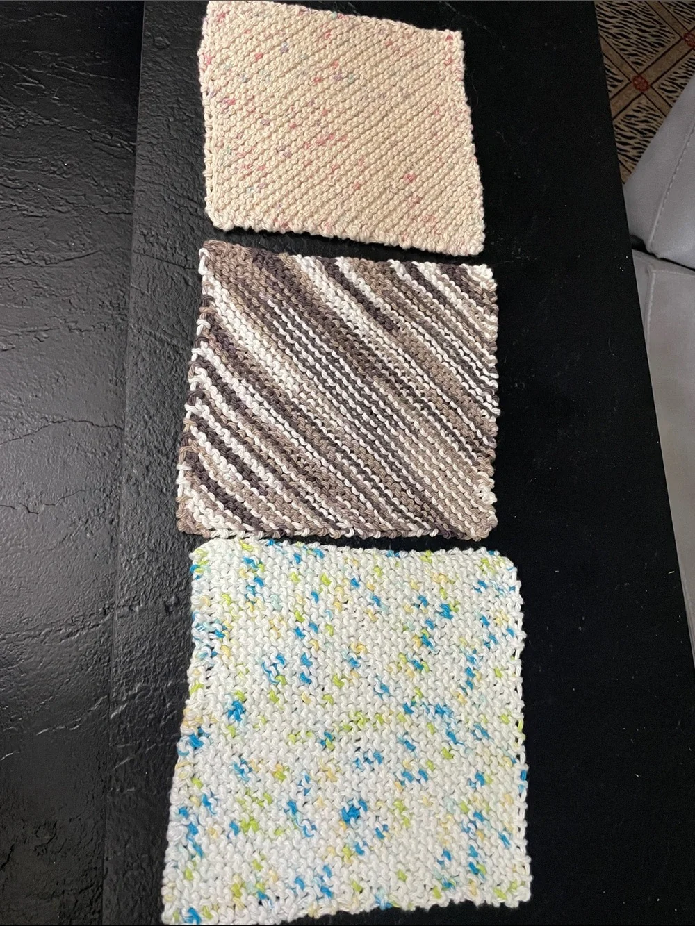 Set of 3 Hand-Knit Cotton Dishcloths - Cream, Brown, Speckled Approx. 7x7